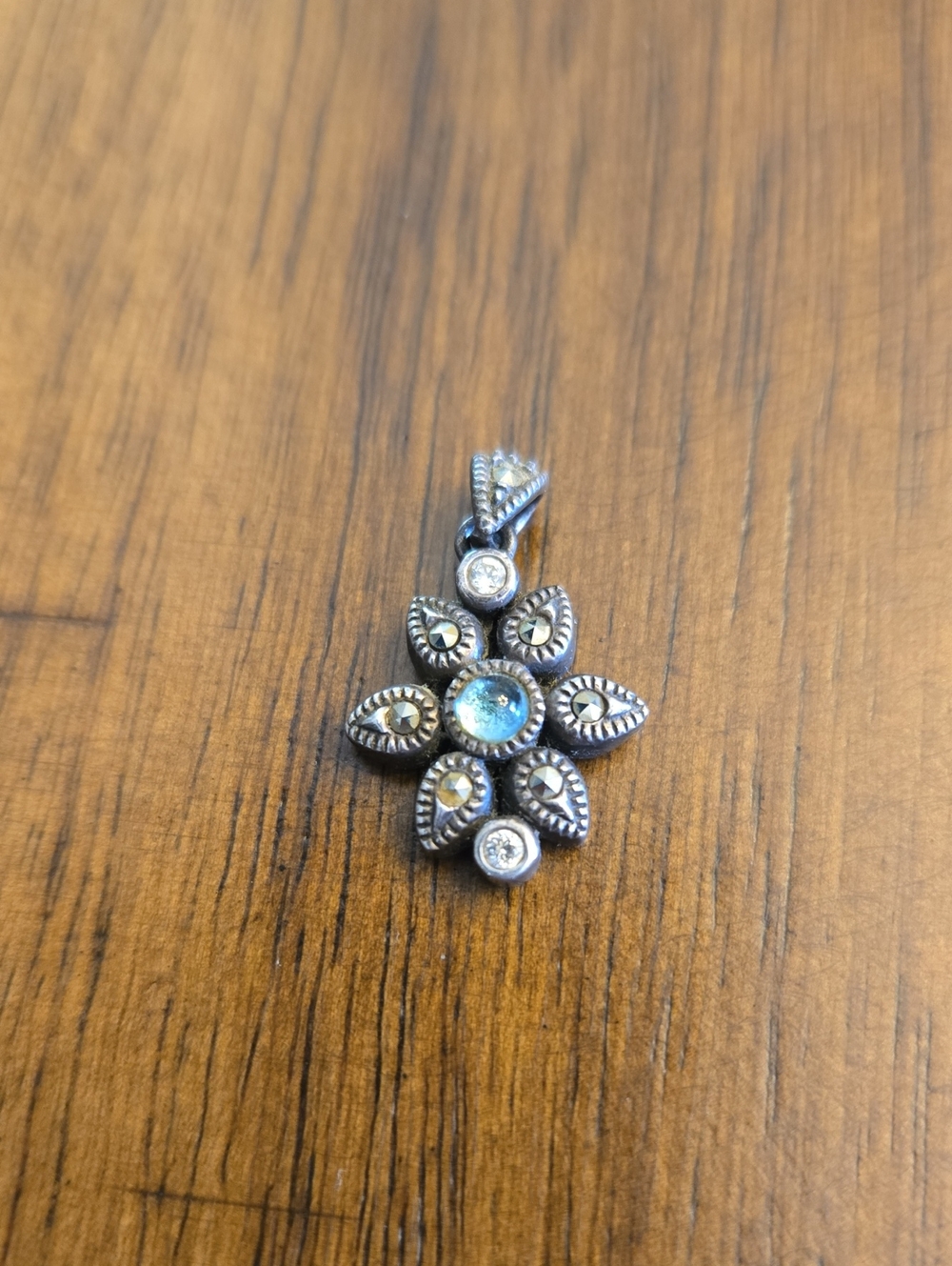 Vintage (1980) Sterling Silver Floral Blue Stone Pendant